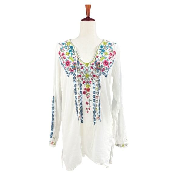 BIYA by JOHNNY WAS Floral Embroidered White Keyhole Neck 100% Cotton Tunic Sz S - Picture 1 of 10